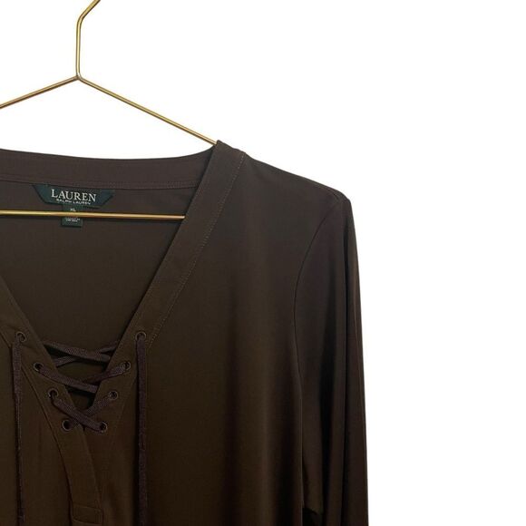 Lauren Ralph Lauren Brown Lace Up Long Sleeve V Neck Top Size XL - Picture 3 of 7